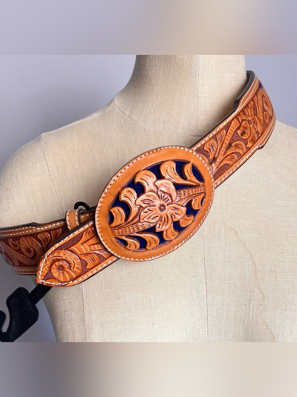 Vintage Deadstock Tooled Leather Western Floral Belt with dark navy velvet inset